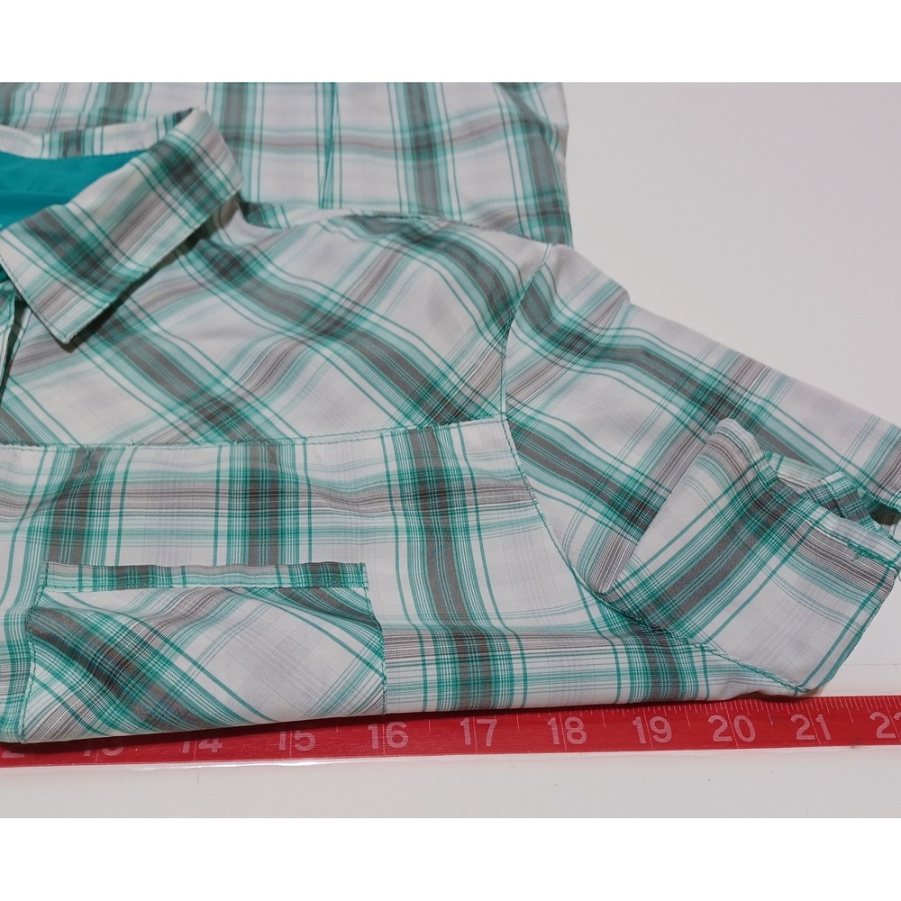 Kuhl Ionik Button Down Shirt Womens M Teal Plaid Hiking Travel Outdoor Gorpcore - Picture 8 of 9